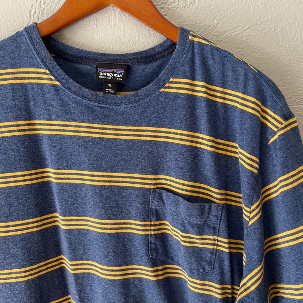 Patagonia Organic Cotton Striped Pocket T-Shirt XL Blue Yellow Mens Tee